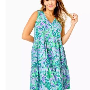 Lilly Pulitzer Lorina Print V Neck Sleeveless Tiered Cotton Dress Size Medium